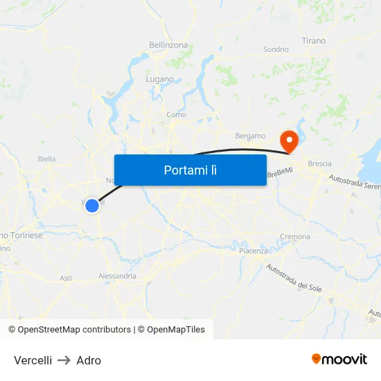 Vercelli to Adro map