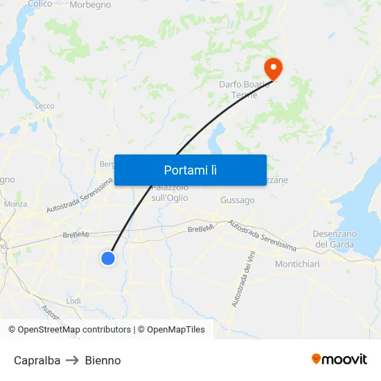 Capralba to Bienno map