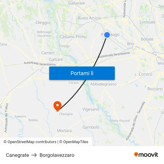 Canegrate to Borgolavezzaro map