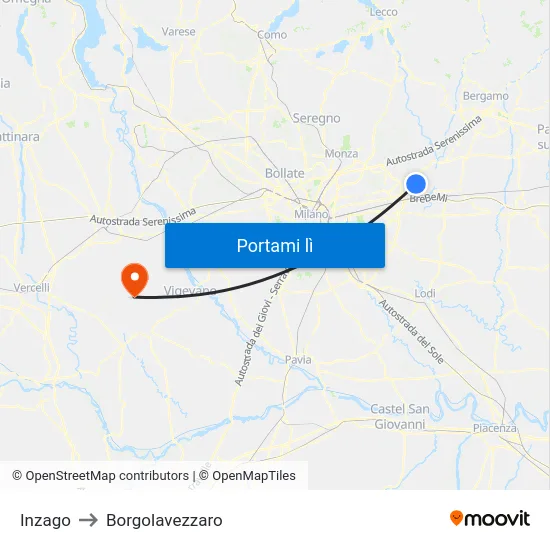 Inzago to Borgolavezzaro map