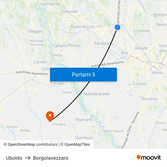 Uboldo to Borgolavezzaro map