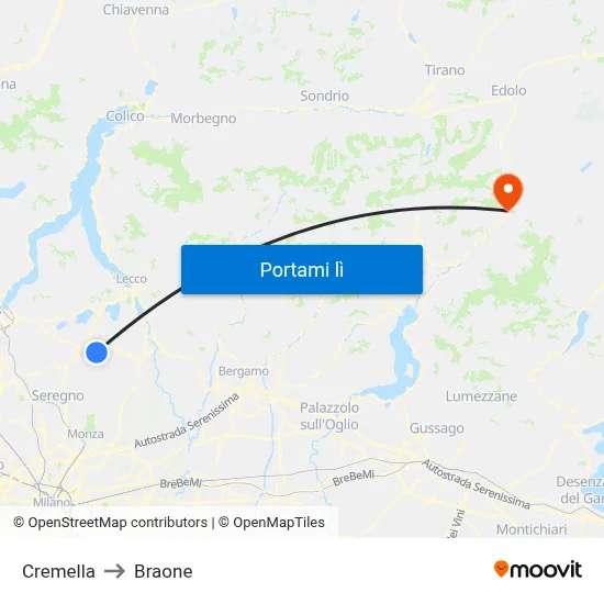 Cremella to Braone map