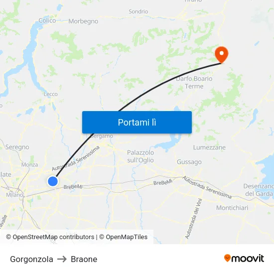 Gorgonzola to Braone map