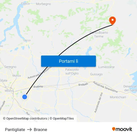 Pantigliate to Braone map