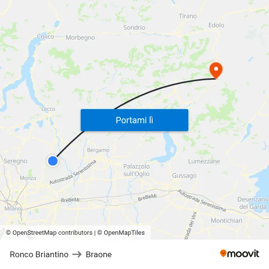 Ronco Briantino to Braone map