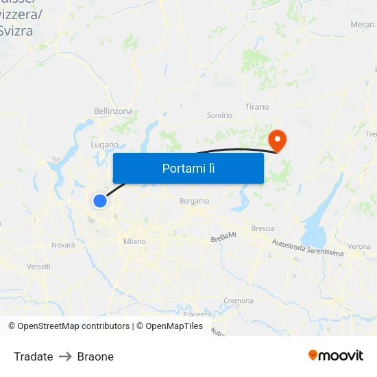 Tradate to Braone map