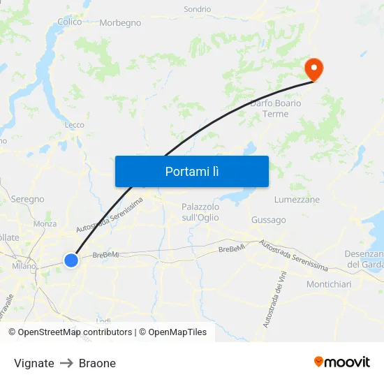 Vignate to Braone map