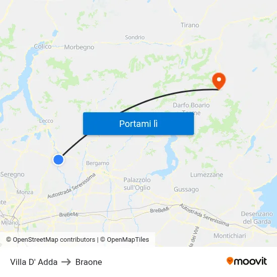 Villa D' Adda to Braone map