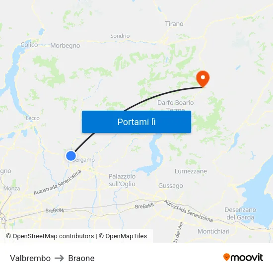 Valbrembo to Braone map