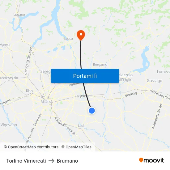 Torlino Vimercati to Brumano map