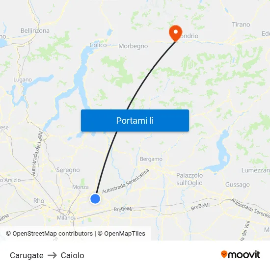 Carugate to Caiolo map