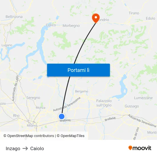 Inzago to Caiolo map