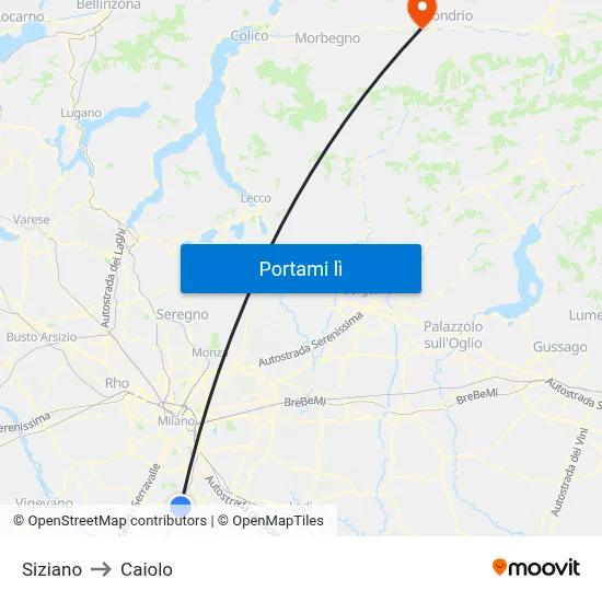 Siziano to Caiolo map