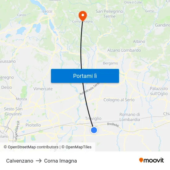 Calvenzano to Corna Imagna map