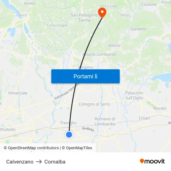 Calvenzano to Cornalba map