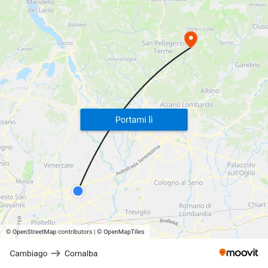 Cambiago to Cornalba map