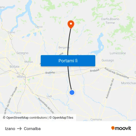 Izano to Cornalba map
