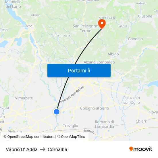 Vaprio D' Adda to Cornalba map