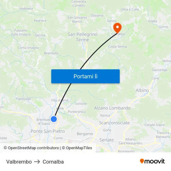 Valbrembo to Cornalba map