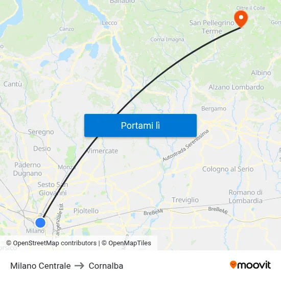 Milano Centrale to Cornalba map
