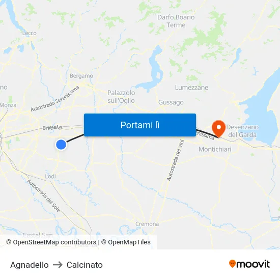 Agnadello to Calcinato map
