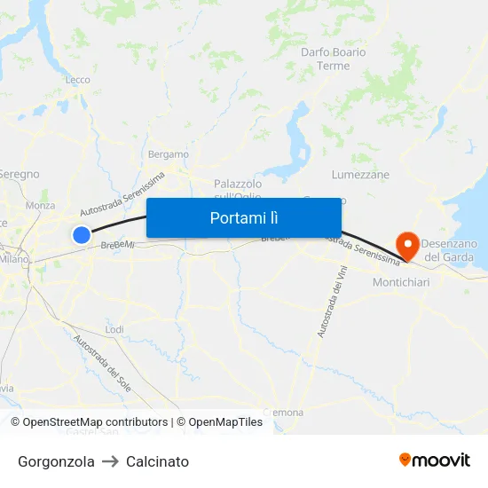 Gorgonzola to Calcinato map