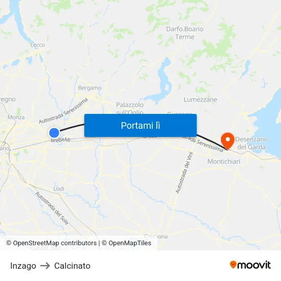Inzago to Calcinato map