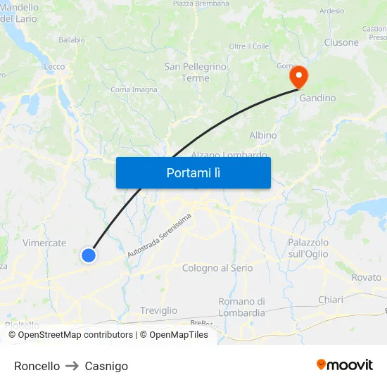 Roncello to Casnigo map