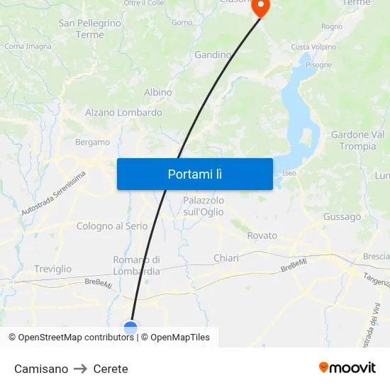 Camisano to Cerete map