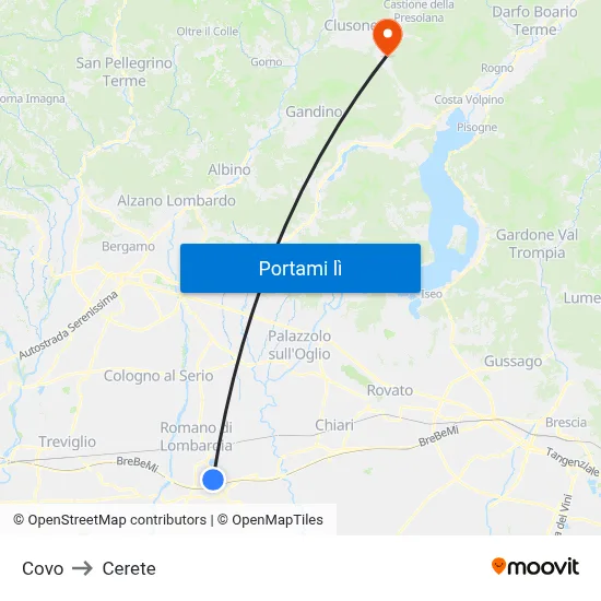 Covo to Cerete map