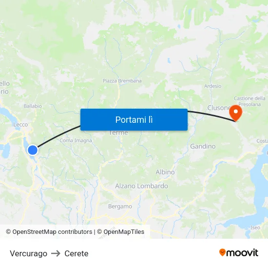 Vercurago to Cerete map