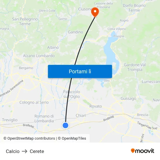 Calcio to Cerete map