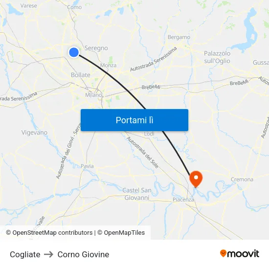 Cogliate to Corno Giovine map