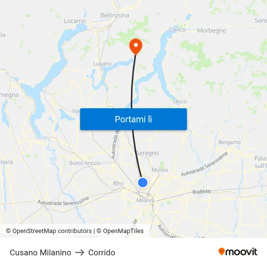 Cusano Milanino to Corrido map