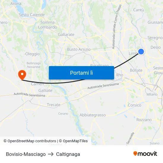 Bovisio-Masciago to Caltignaga map