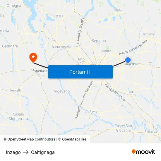 Inzago to Caltignaga map
