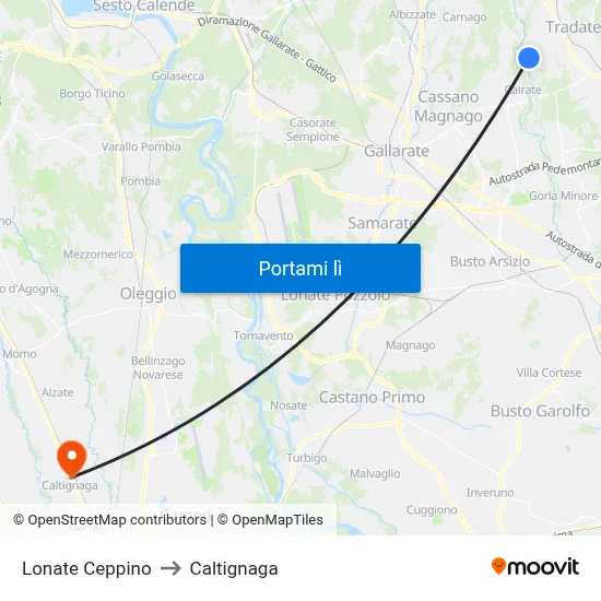 Lonate Ceppino to Caltignaga map