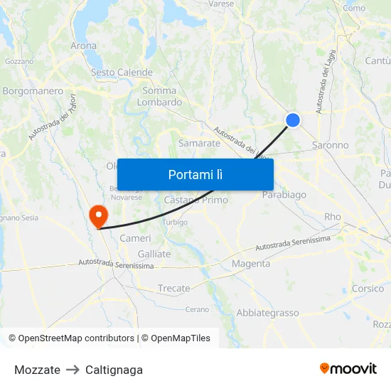 Mozzate to Caltignaga map