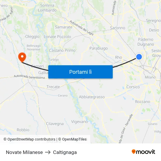 Novate Milanese to Caltignaga map