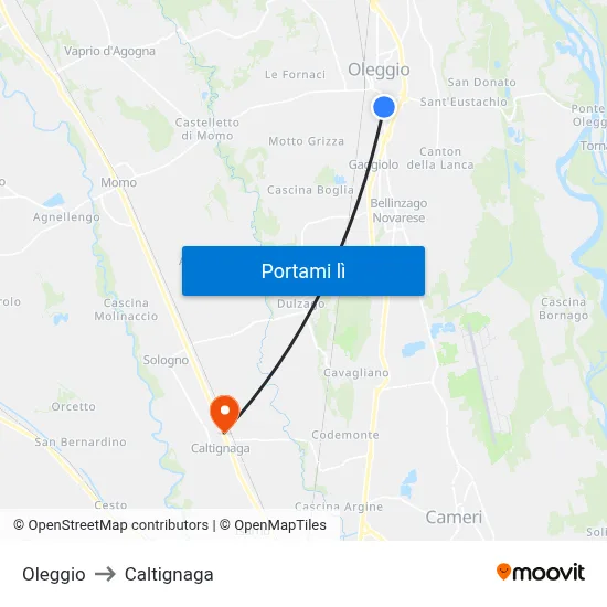 Oleggio to Caltignaga map