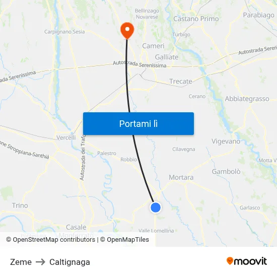 Zeme to Caltignaga map