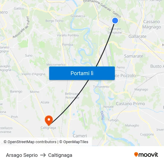 Arsago Seprio to Caltignaga map