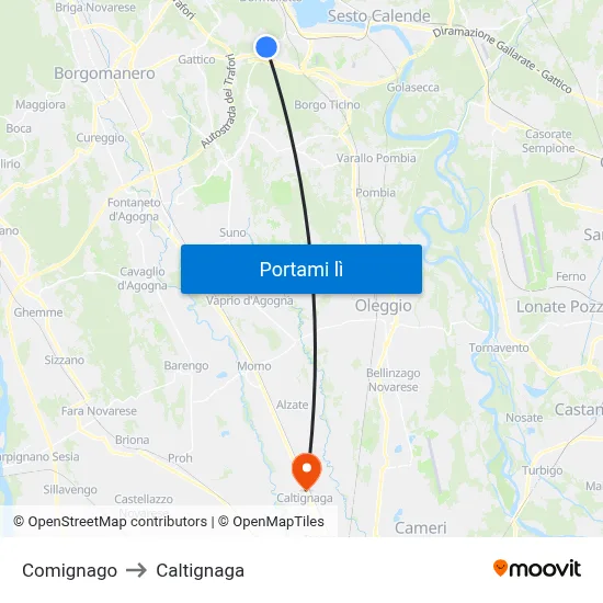 Comignago to Caltignaga map