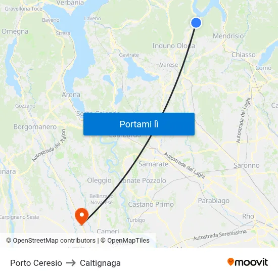 Porto Ceresio to Caltignaga map