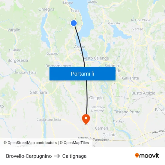 Brovello-Carpugnino to Caltignaga map