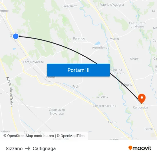 Sizzano to Caltignaga map