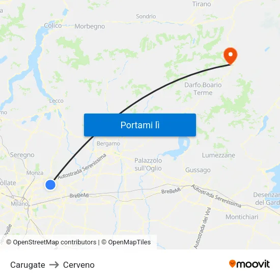 Carugate to Cerveno map