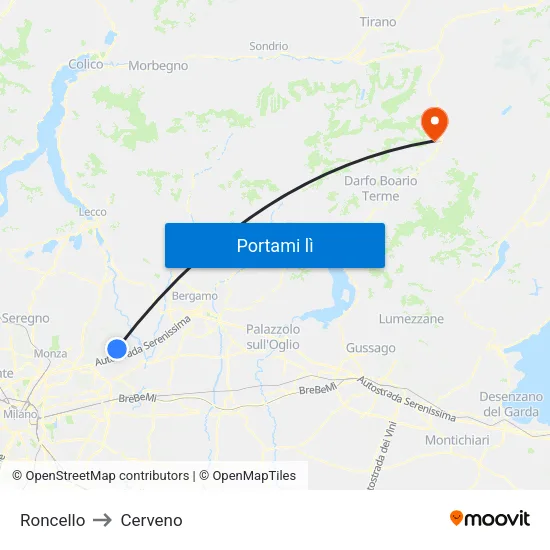 Roncello to Cerveno map