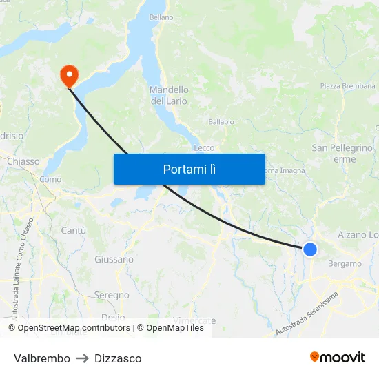 Valbrembo to Dizzasco map