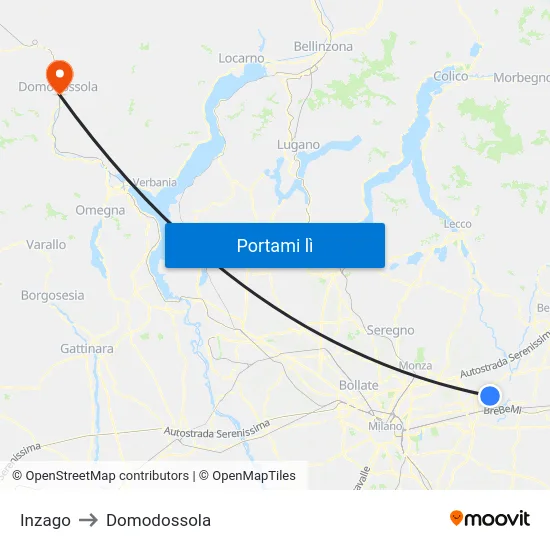 Inzago to Domodossola map